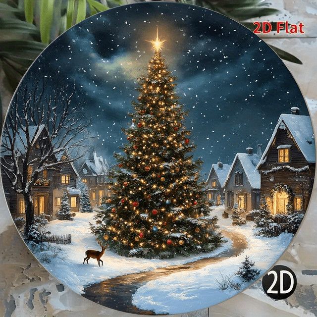 Potdemiel Vintage-Wandkunst aus Aluminium mit Weihnachtsbaum und verschneiter Dorfszene, rund, Durchmesser: 20,3 cm - Bild 1