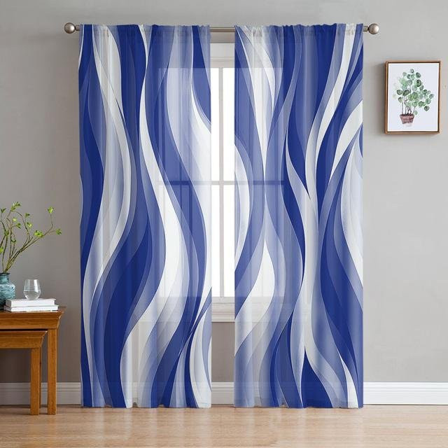 Transparenter Voile-Vorhang von A Family Of Home Textiles mit blauem abstrakten Grafikmuster, Breite: 135 cm, Höhe: 137 cm - Bild 1