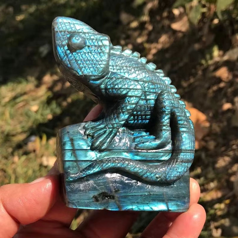 TAIHESJ Labradorit Eidechse als geschnitzte Statue in Grün und Blau, 9 cm Kristallfigur zur Dekoration und Heilung - Bild 4