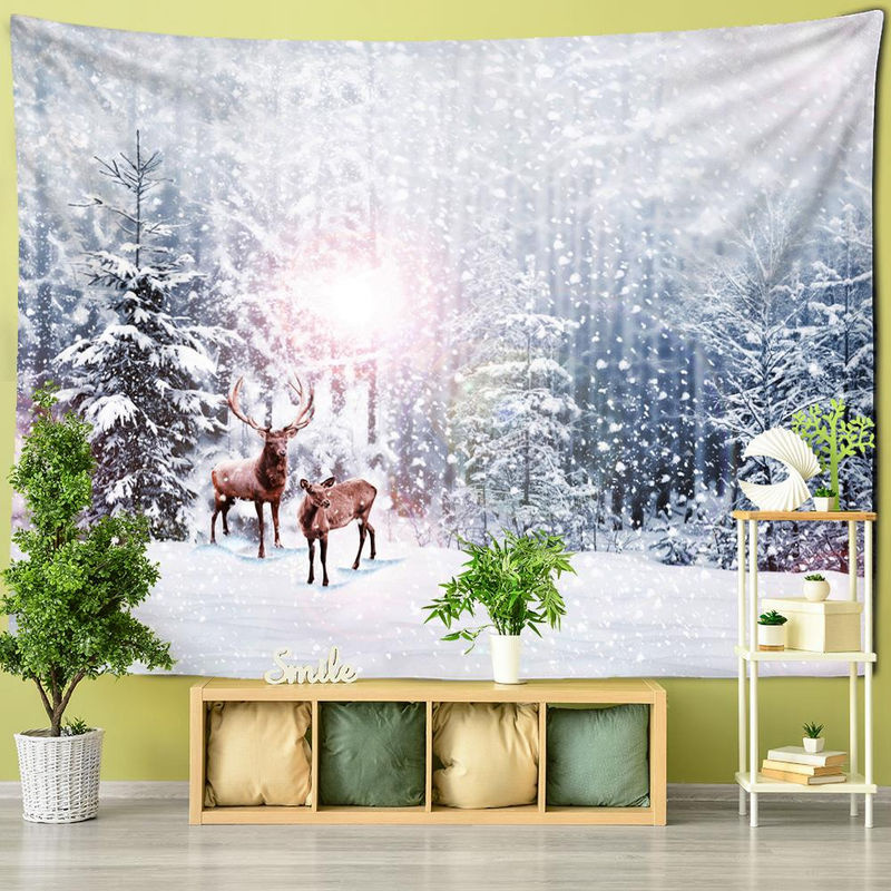 Wandteppich mit Elch-Schneeszene im Bohemian-Stil, Super Six Textil-Wandbehang für Weihnachten, Farbe Weiß, B/H: 95 x 70 cm - Bild 2