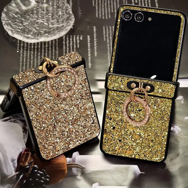 Funkelnde Motorola Handyhülle mit künstlichen Diamanten und Ring-Schnalle in Gold für Razr 50 60 70 Ultra - Bild 1
