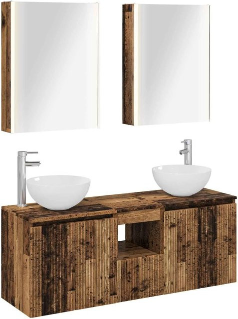 vidaXL Badezimmerschrank-Set aus Altholz in Braun, 5-teiliges Set mit Waschtischunterschrank und Spiegelschrank mit LED-Beleuchtung, B/T/H: 53 x 15,5 x 70 cm - Bild 1
