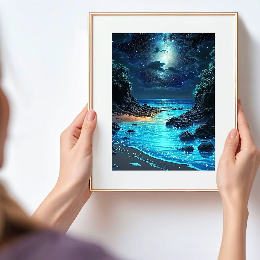 Huacan 5D DIY Diamantmalerei Landschaft Nachtige Berge und Küste in Blau, B/H: 30 x 20 cm - Bild 3