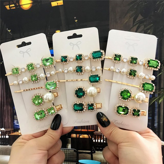 RaviMour Haar Clips Set, Grün, Kristall, Perle, Damen - Bild 1