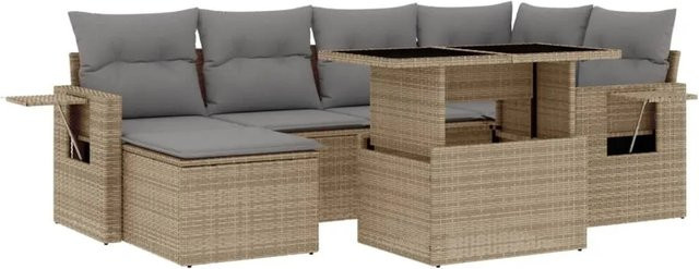 vidaXL 7-tlg Garten-Sofagarnitur in L-Form aus Polyrattan mit Kissen, Beige - Bild 1