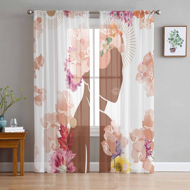 Super Six Chiffon-Fenstervorhang im Boho-Stil mit floralem Blumenmuster, Farbe: Weiß, Breite: 135 cm, Höhe: 114 cm - Bild 1