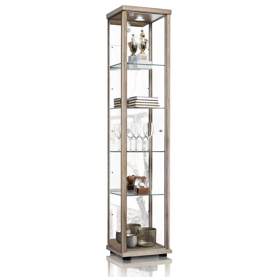 K-Möbel Sammlervitrine stehend in Sonoma Eiche mit Spiegel, LED-Beleuchtung, Schloss und Glasböden, H x B x T: 176 x 37 x 33 cm - Bild 2