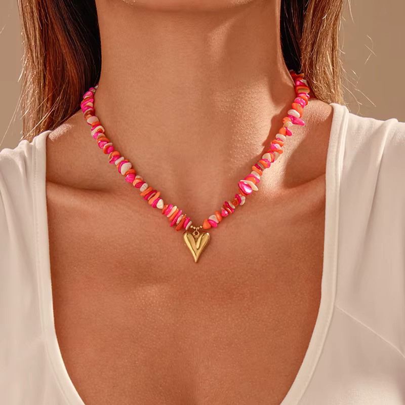 Loe Halskette, Rosa Naturstein Herz, Edelstahl, Gold, Damen - Bild 2