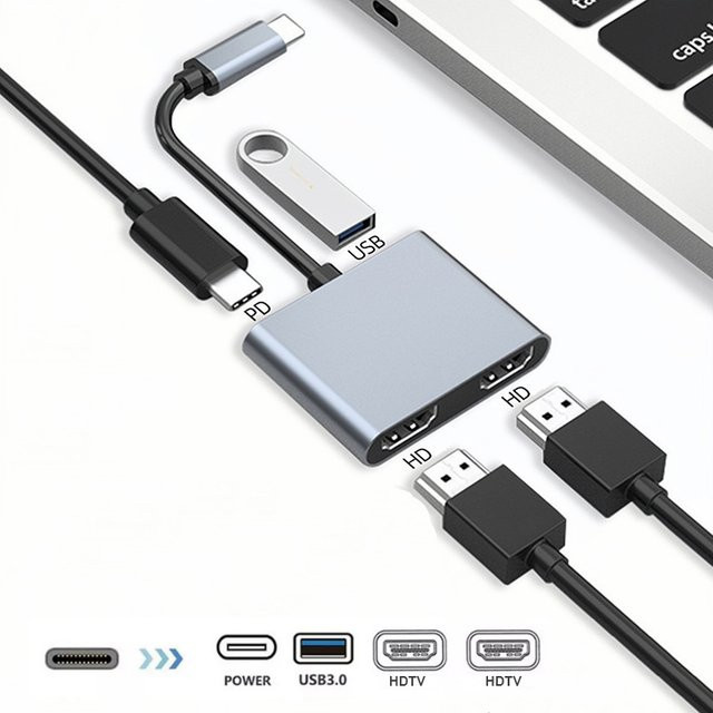 OULLX 4 in 1 USB-C zu Dual HDMI Konverter und PD USB Hub mit 4K UHD Unterstützung in Silber - Bild 1