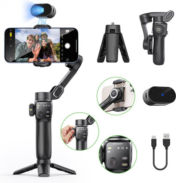AOCHUAN Handheld Anti-Shake Gimbal Stabilisator mit Gesicht Tracking und Selfie Stick für iPhone und Android in Schwarz oder Weiß - Bild 1