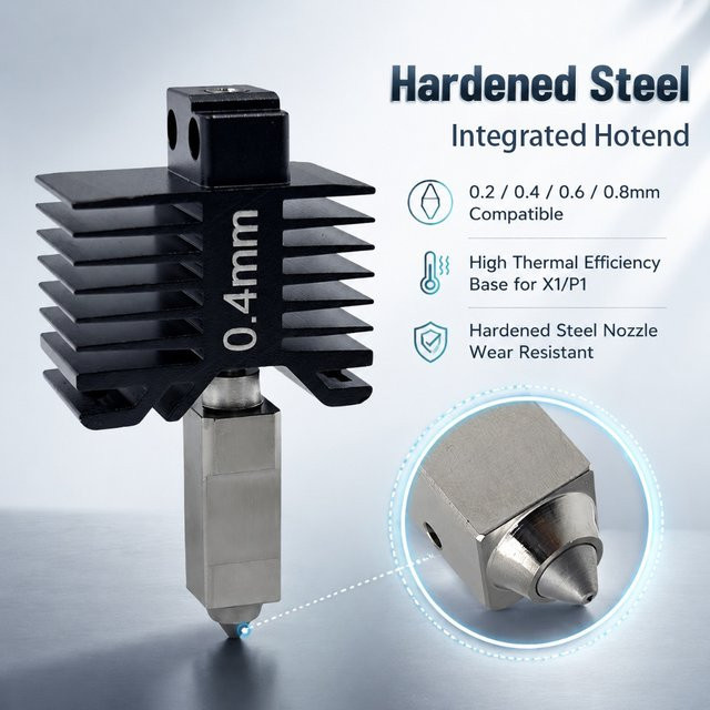 Bambu Lab Hotend-Kit aus gehärtetem Stahl für X1 und P1 Serie mit Düsen in 0,2 mm, 0,4 mm, 0,6 mm und 0,8 mm in Schwarz - Bild 1