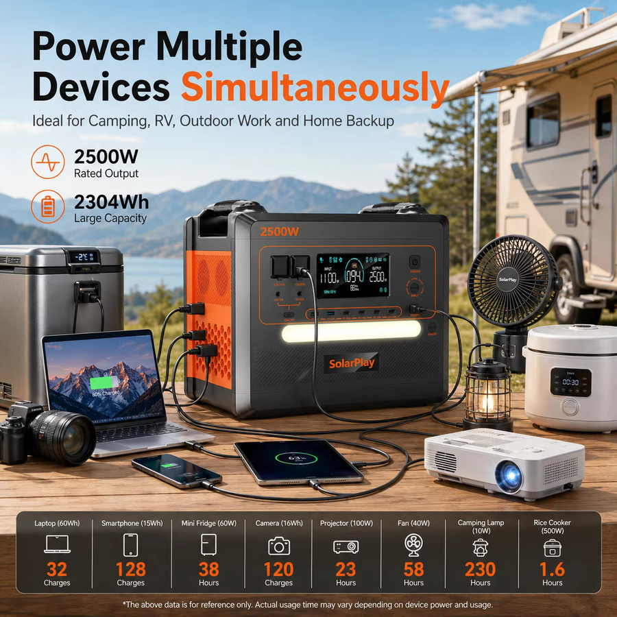Solarplay Q2402M Tragbare Powerstation 2304Wh mit 2500W Reine Sinuswelle LiFePO4 Solargenerator in Schwarz - Bild 3