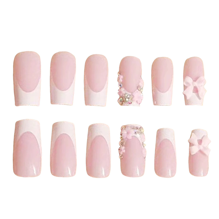 YADORNOS Press On Nails, 24 Stück, White Edge Glitter Diamond Flower Decor, Glänzend - Bild 3