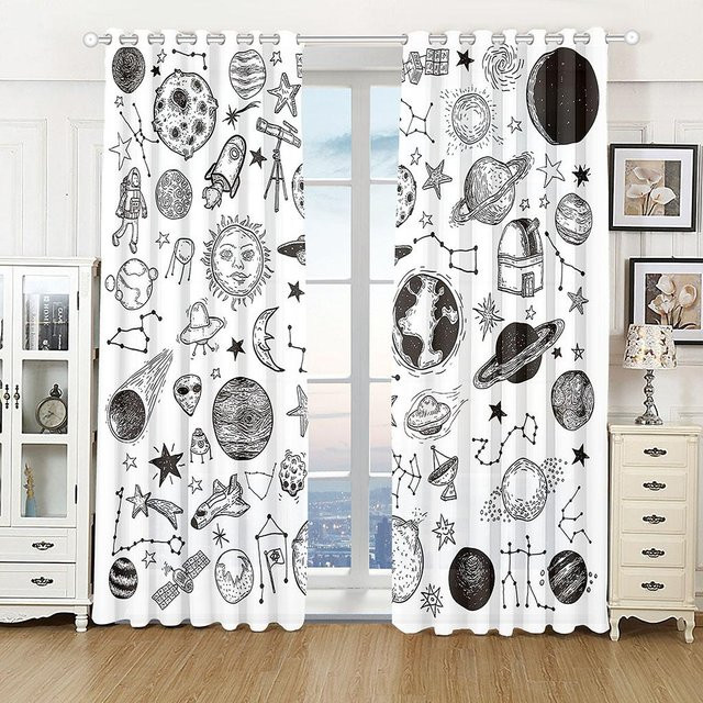Yiran Furniture Fenstervorhänge mit Mond Tarot Sonne und Blumen Motiv, Schwarz-Weiß, Semi-transparent, B: 50 cm, H: 130 cm, 2er-Set - Bild 1
