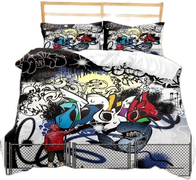 Lodestar Hippie Graffiti Bettwäscheset Street Art Design in Grau und Multicolour, B/H: 135 x 200 cm - Bild 1