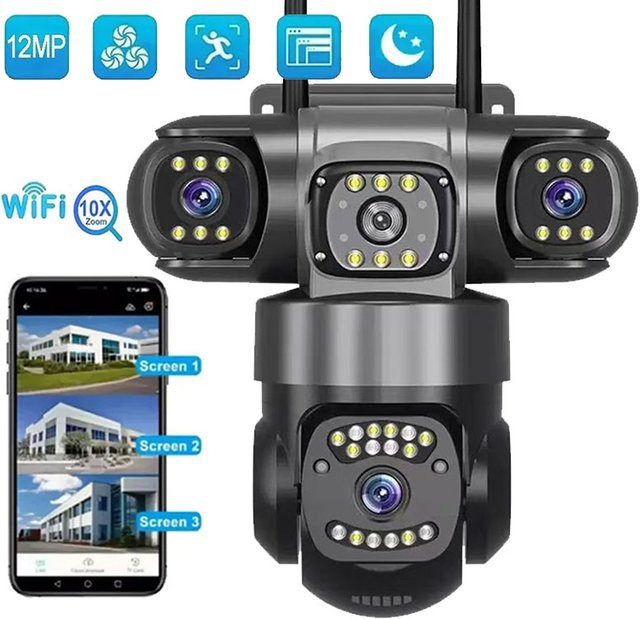 Abay WLAN IP-Kamera für Außenbereich mit 12MP, Drei Objektiven, KI-Tracking, PTZ und 10-fach Zoom in Schwarz - Bild 1