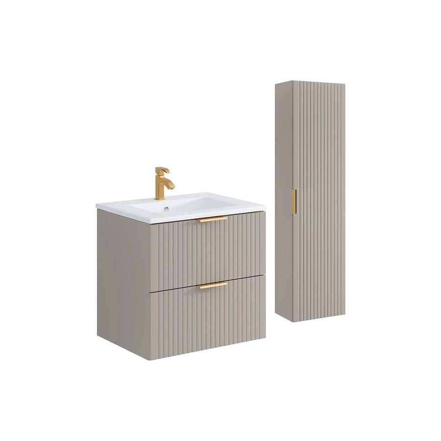 Vente-unique Badmöbel-Set Zevara in Beige im Art-Deco-Stil mit Einbauwaschbecken und Hochschrank, Breite: 60 cm - Bild 2