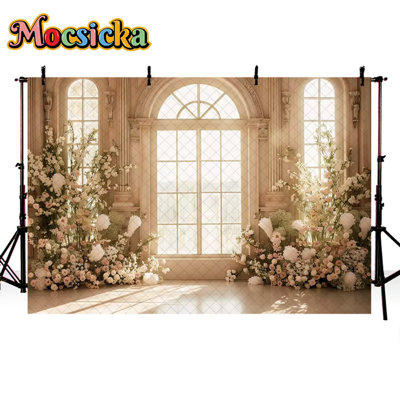 Mocsicka Fotohintergrund Weißer Palast mit Frühlingsblumen für Porträt- und Studiofotografie in Weiß - Bild 2
