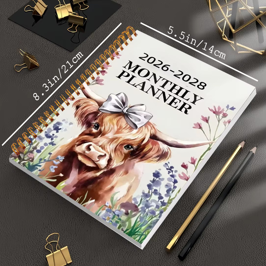 Elegantes Highland Cow Design Wochen- und Monatsplaner 2026-2028, spiralgebundenes Notizbuch mit Softcover in Multicolour - Bild 2