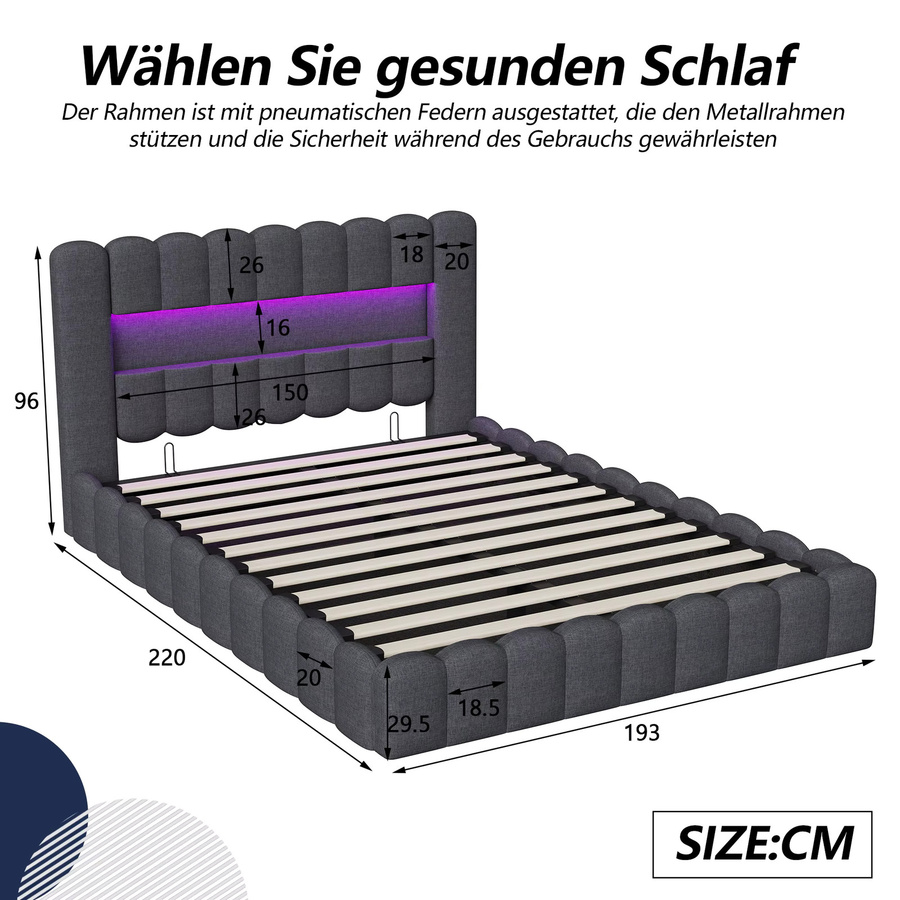 Modernes Polsterbett in Grau mit Bettkasten, LED-Beleuchtung und USB-Anschluss, B/T: 180 x 200 cm - Bild 3