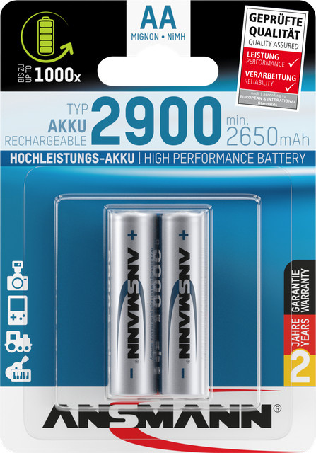 Ansmann NiMH Akku Mignon AA Typ 2900, 2650 mAh, Farbe Silber, 2er Blister - Bild 1