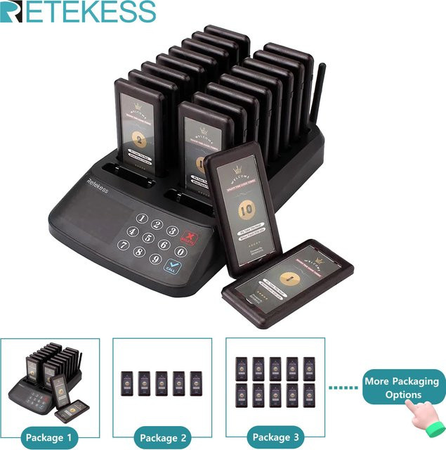 RETEKESS T115 Restaurant-Pager Drahtloses Rufsystem für Gäste mit Coaster-Buzzer-Vibrationsempfängern in Schwarz - Bild 1