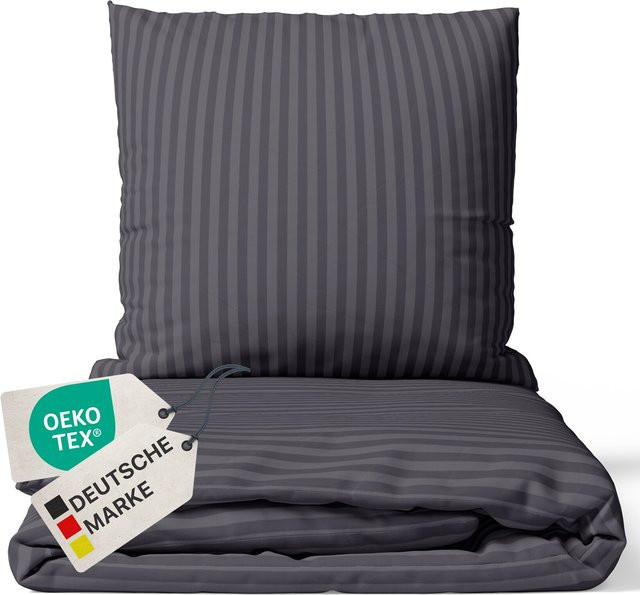 NYVI Bettwäsche Set DreamScience aus Mikrofaser mit Damast-Jacquard-Muster in Anthrazit, atmungsaktiv und weich, inklusive Reißverschluss, B/T/H: 155 x 220 cm und 80 x 80 cm - Bild 1