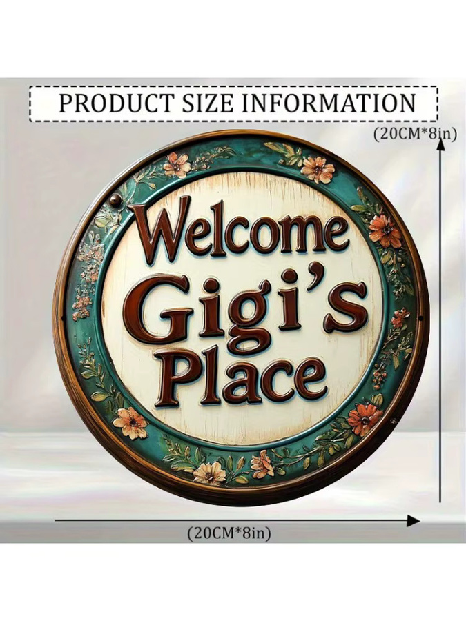 Rundes Aluminiumschild Potdemiel Welcome to Gigi's Place mit floralem Blumenmuster in Cyan und Braun, Wandkunst aus Metall, Durchmesser: 20 cm - Bild 6