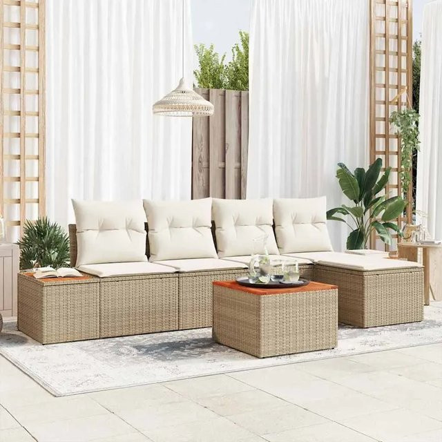 vidaXL Garten-Sofa-Set 6-teilig aus Poly Rattan in Beige mit Kissen und Stauraum - Bild 1