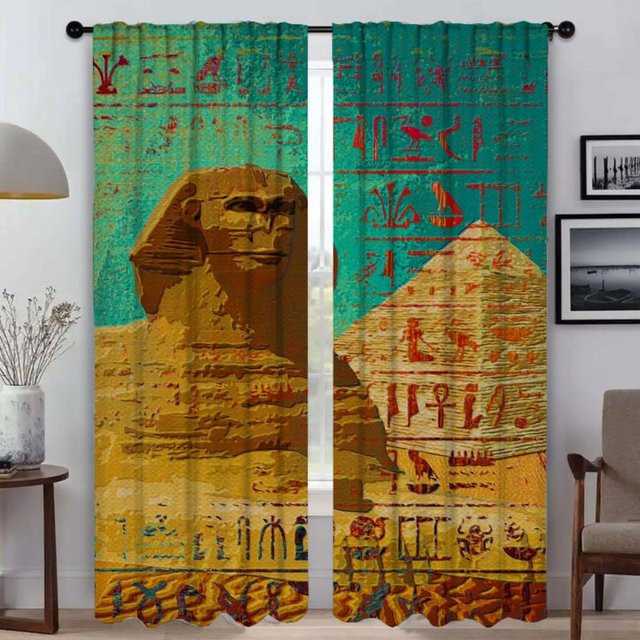 2er-Set Moskitonetz-Vorhänge mit Ägyptischen Steinstatuen als Verdunkelungsvorhang und Raumteiler, Breite: 50 cm, Höhe: 70 cm - Bild 1