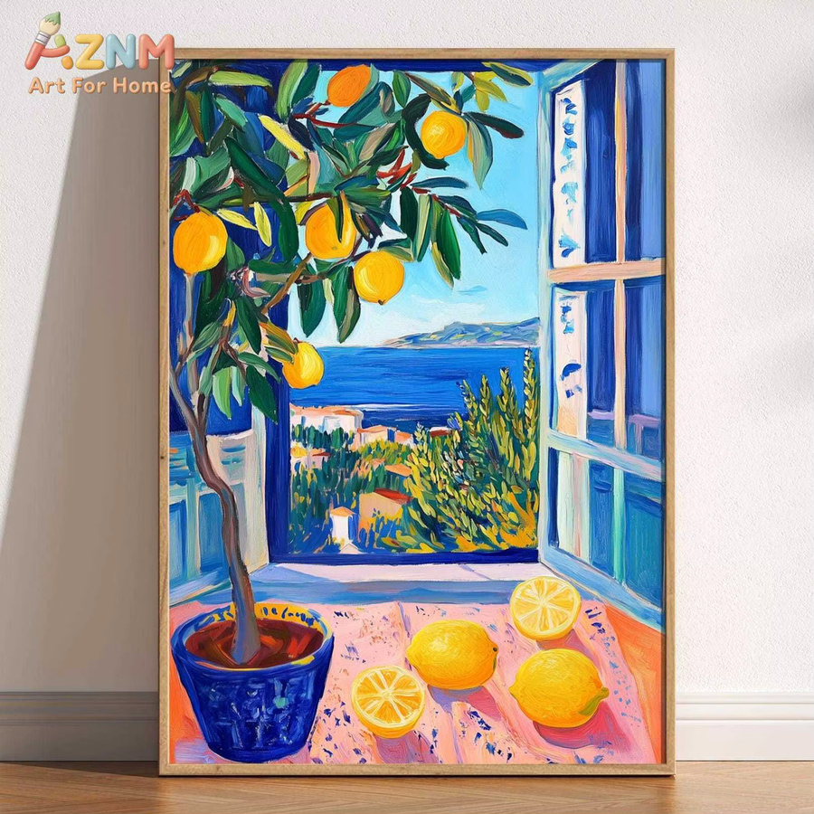 Gemälde Offenes Fenster im Stil von Henri Matisse als Kunstdruck mit Mittelmeer-Landschaft, Orangenbaum und Küstenansicht in Mehrfarbig - Bild 2