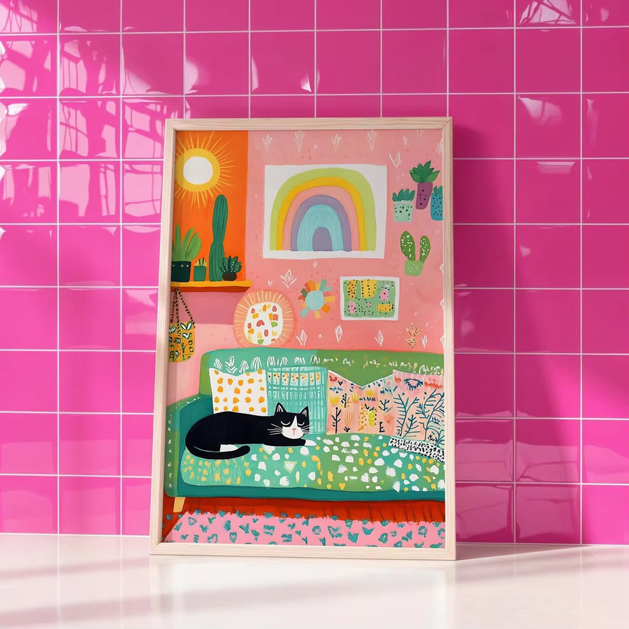 Boho Wandkunst von SHENCHEN mit schwarzer Katze auf gemustertem Sofa in bunten Farben - Bild 3