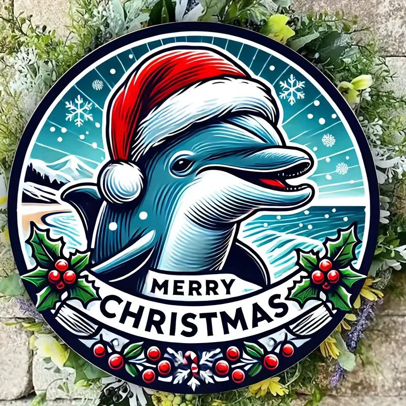 Potdemiel Rundes Aluminiumschild Merry Christmas mit Delphin Design Vintage Wanddekoration Durchmesser: 20,32 cm - Bild 4