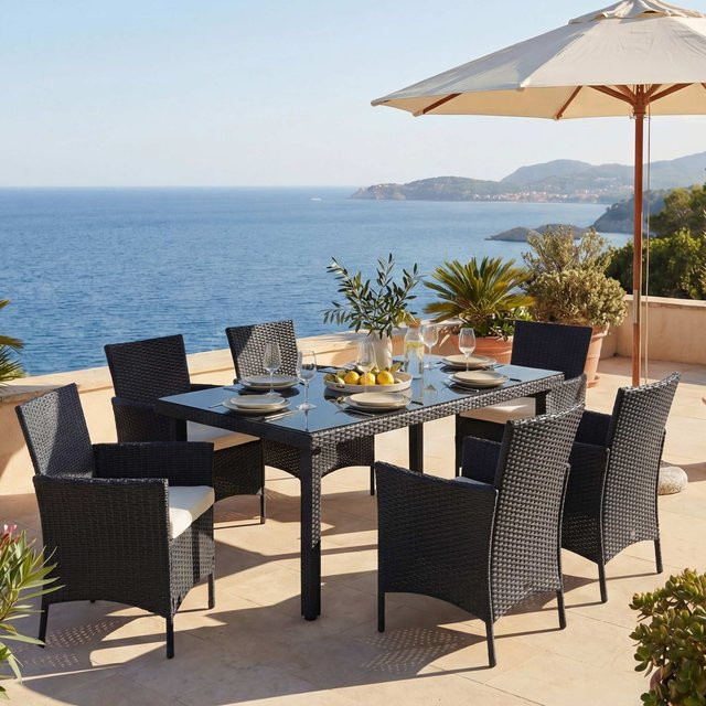 MCW Poly-Rattan-Garnitur Hamar 7-teilig in Anthrazit mit beigen Kissen für Garten und Balkon - Bild 1
