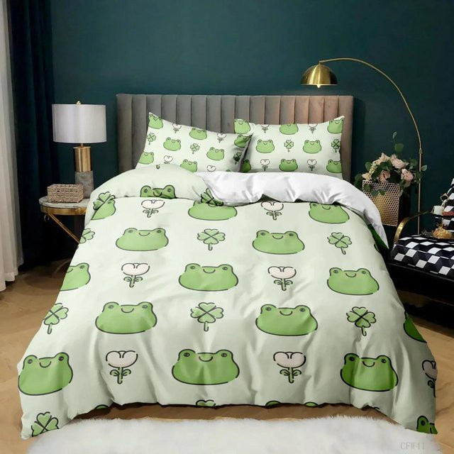 Niedrige Bettwäsche-Kollektion mit Cartoon-Frosch und Libelle in Hellgrün, 3-teiliges Set aus Polyester für Kinder, B/H: 150 x 200 cm - Bild 1