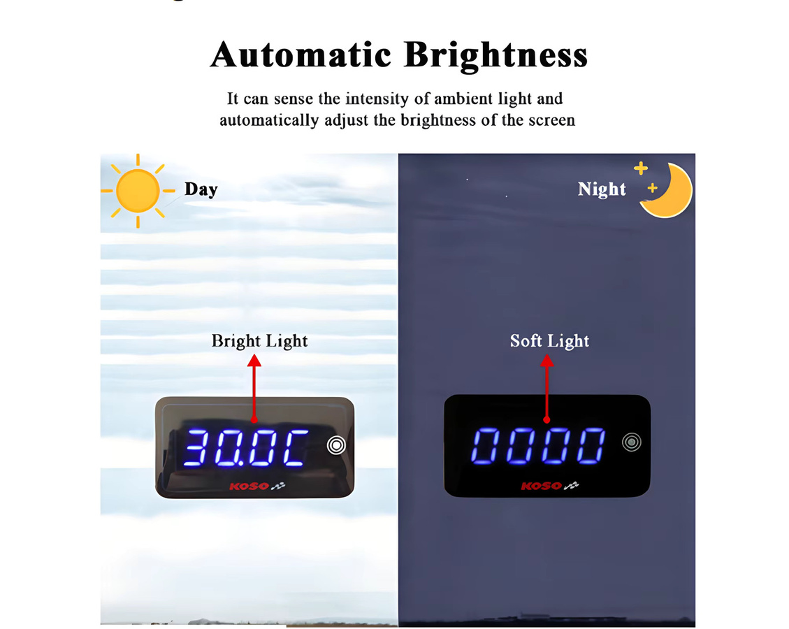 Koso 3 in 1 Digital Messgerät für Motorräder mit LCD-Anzeige zur Messung von Zylindertemperatur, Spannung und Zeit in Schwarz - Bild 3