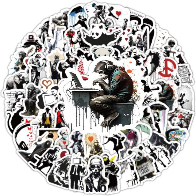 100 Stück Banksy Kunst Graffiti Aufkleber in Multicolour für Skateboard, Tassen, Koffer und Computer - Bild 1