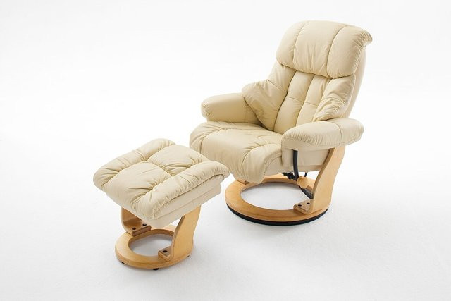 iNNoSeat by MCA + CALGARY Relaxer mit Hocker aus Rindsleder in Creme/Beige mit Holzgestell - Bild 1