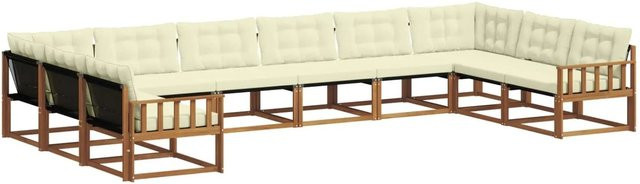 vidaXL Outdoor-Sofagarnitur aus massivem Akazienholz in L-Form mit 10-teiligem Set, Textilene und Kissen, Natur und Creme - Bild 1