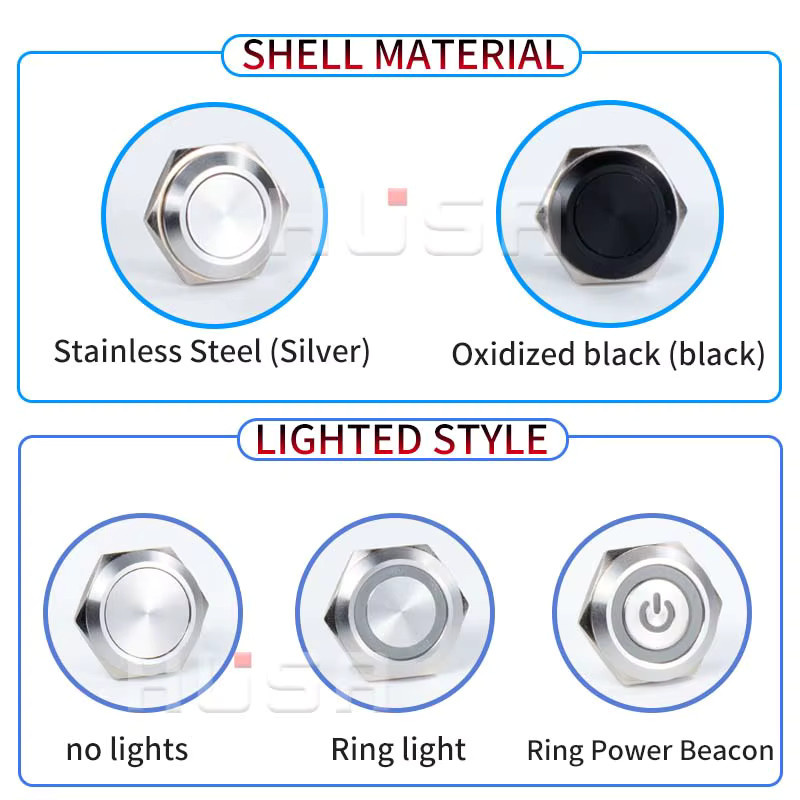 HUSA RGB LED Metall Druckknopf Schalter wasserdicht in Silber und Schwarz - Bild 2