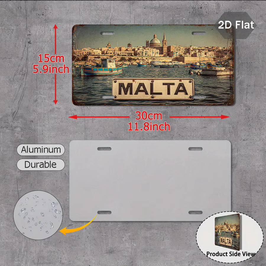 Retro Malta Nummernschild Valletta Stadt Skyline Wanddekoration aus Metall von CIFBUY, Mehrfarbig, Breite: 30 cm, Höhe: 15 cm - Bild 3
