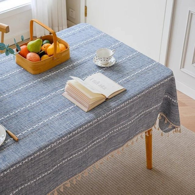 ILVISEST Boho-Tischdecke gestreift und bestickt in Blau, knitterfreie Jute-Baumwoll-Mischung, B/B: 140 x 140 cm - Bild 1