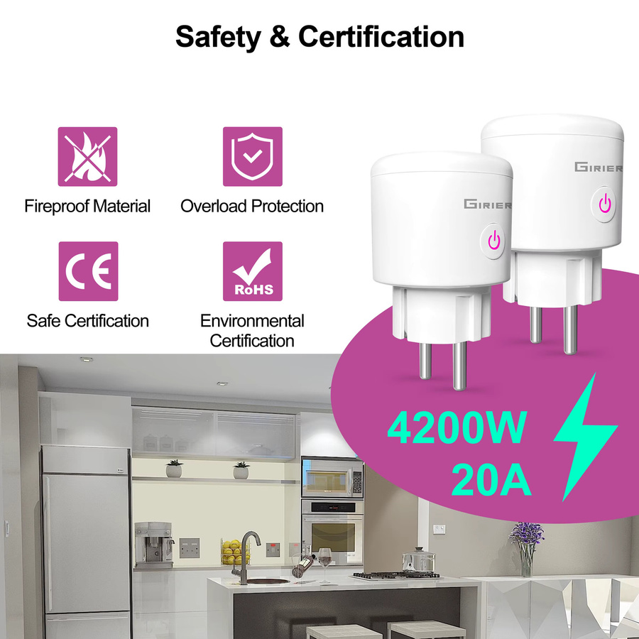 GIRIER Tuya Smart Wifi Stecker EU in Weiß mit Power Monitoring, 20A, 4200W, kompatibel mit Alexa, Hey Google und Yandex Alice - Bild 4