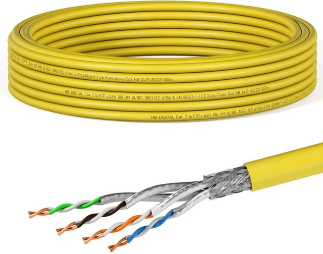 hb-digital CAT 7 Netzwerkkabel S/FTP AWG23 LSZH Ethernet LAN Gelb, 10 m - Bild 1