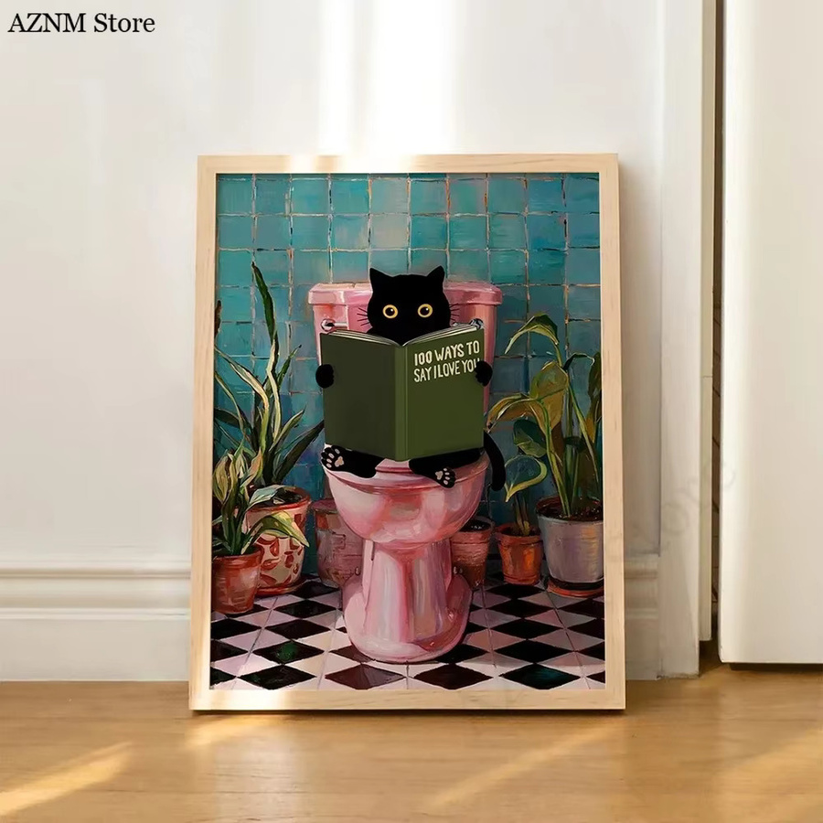 Potdemiel Leinwand Wandbild Badezimmer Katze liest auf Toilette Kunstdruck Motiv Lustiges Tier Dekoration Mehrfarbig ungerahmt - Bild 1