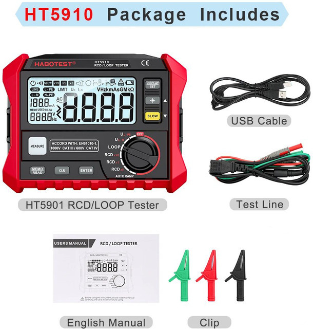 Cretrust Digital-Widerstandsmessgerät HT5910 HT2302 RCD/Loop-Tester mit 4,7-Zoll LCD-Display und 1000 Datenspeicher, Farbe: Rot - Bild 1