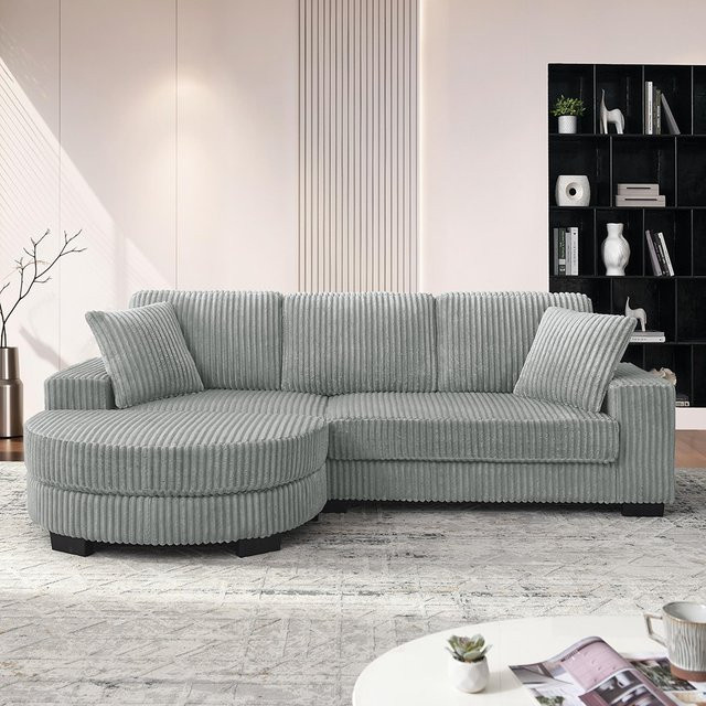 KOMHTOM L-förmiges 4-Sitzer Ecksofa aus Corduroy mit ovalem Hocker und Kissen, modular aufgebaut, B/T/H: 256,5 x 133,5 x 89 cm - Bild 1
