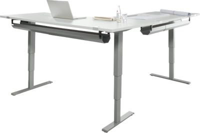 Schäfer Shop Genius Winkelschreibtisch AERO FLEX, elektrisch höhenverstellbarer Eckschreibtisch mit wechselbarem 90 Grad Winkel, Breite: 200 cm, Farbe: Lichtgrau/Weißalu, inklusive 2 Kabelwannen - Bild 1
