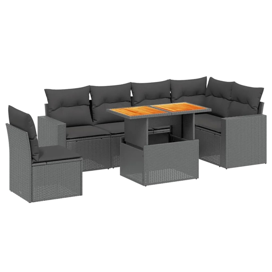 vidaXL 7-teilige Garten-Sofagarnitur in L-Form aus schwarzem Poly-Rattan mit Kissen und Akazienholz - Bild 2