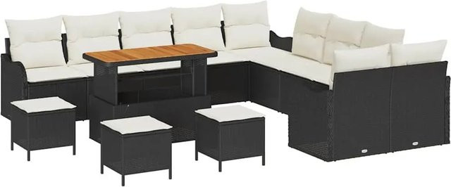 vidaXL Garten-Sofa-Set 14-teilig aus Poly-Rattan und Akazienholz in Schwarz-Creme mit Polstern und Tisch - Bild 1